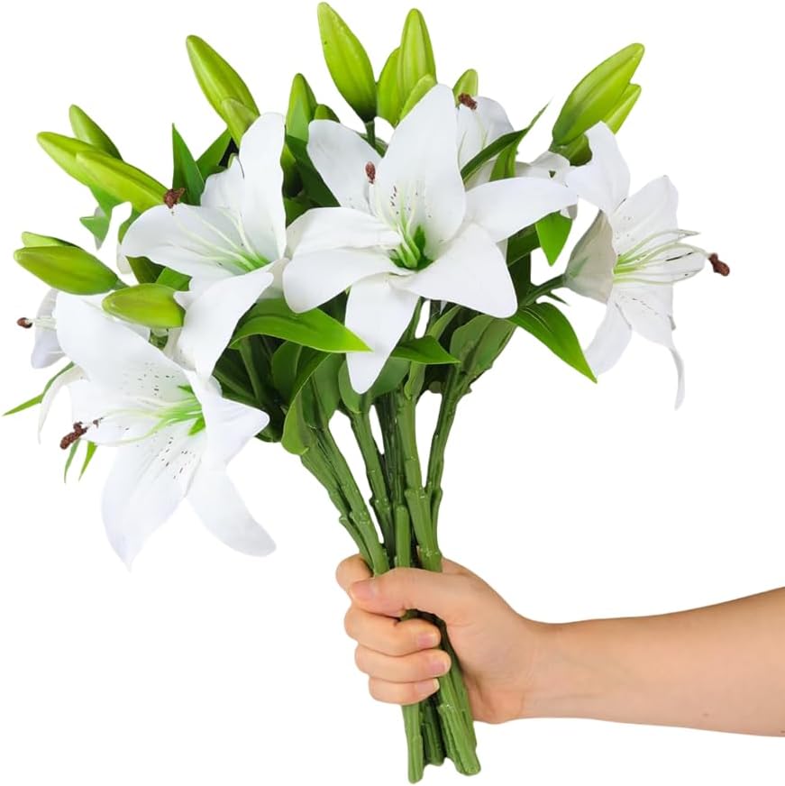 51pb9a3JRGL._AC_SL1000_.jpg 6 Bundles Artificial Tiger Lily Flowers White Touch Lilies Flower Bouquet Faux Floral Table Centerpieces Arrangement for Wedding Home Party Garden Office Decor (White) - Image 1