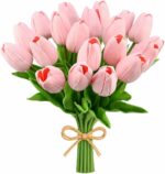 20pcs Artificial Light Pink Tulips | 13.5 Inch Lifelike PU Tulips Faux Floral Arrangement for Kitchen Island Dining Table Centerpieces and Home Decor