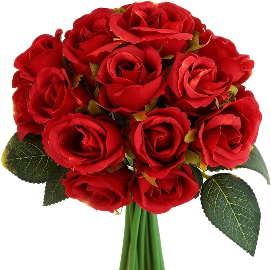 61k62-GxU-L._AC_SL1000_.jpg Artificial Roses Fake Flowers 12 Heads Arrangement Silk Bouquet for Home Office Parties Bridal and Wedding Decoration Without Vase (Red) - Image 1