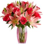 Magnificent Pink Roses & Asiatic Lily Single Bouquet (Clear Pink Vase Included) | Fresh Cut Spring Flowers|Gift for Spring, Anniversary, Sympathy, and Special Occasions