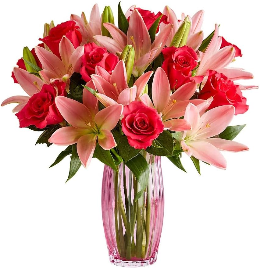 61u6nFcnTL._AC_SL1000_.jpg Magnificent Pink Roses & Asiatic Lily Single Bouquet (Clear Pink Vase Included) | Fresh Cut Spring Flowers|Gift for Spring, Anniversary, Sympathy, and Special Occasions - Image 1