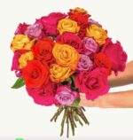 MultiColored Real Roses Bouquet - Two Dozen Rainbow Roses, 25 Long Stems, Long Lasting & Hand-Tied Flower Arrangement, Farm Fresh Flowers Bouquet, Live Floral Arrangement for Gift | No Vase - Image 2