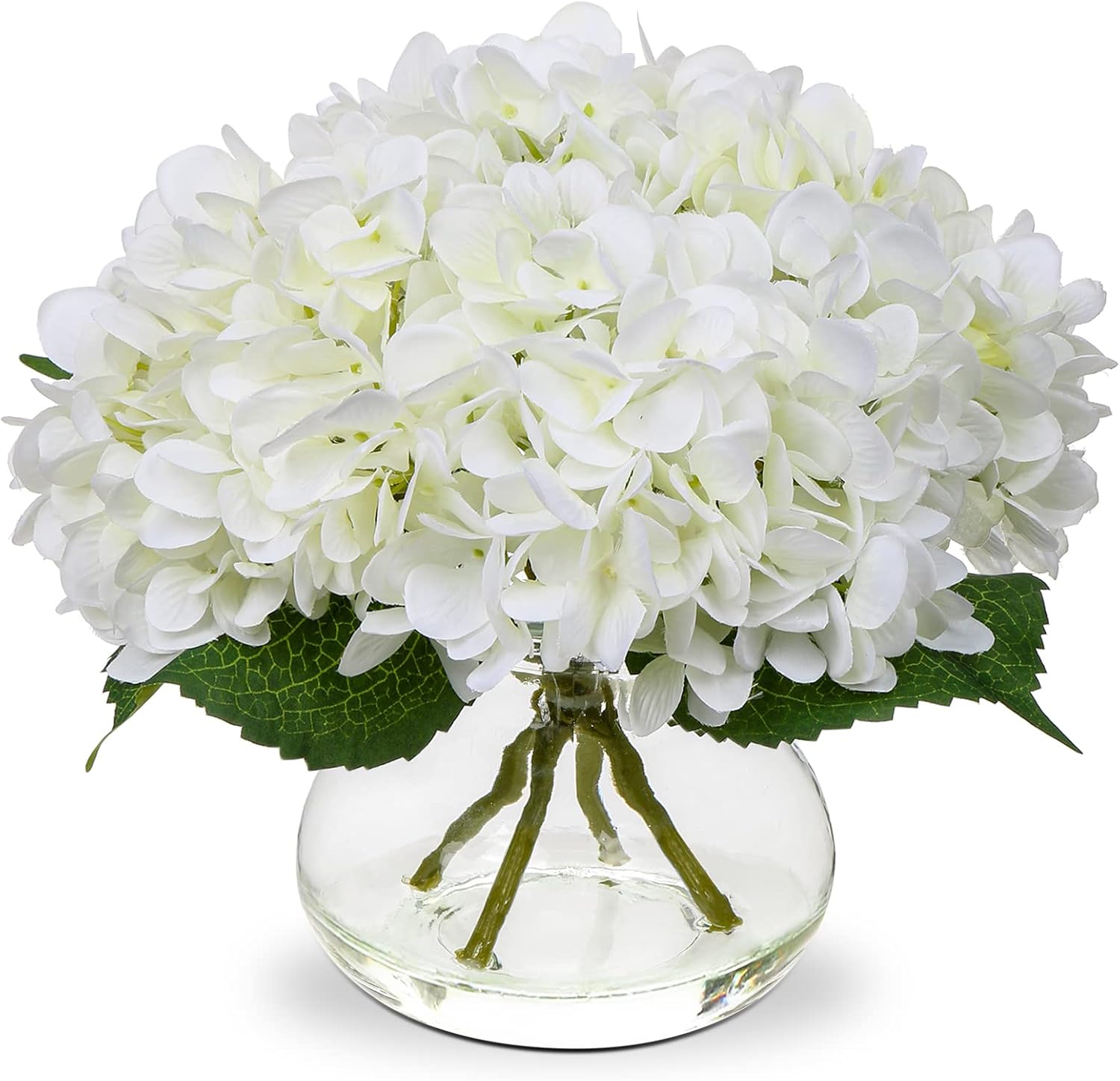 711IJ6fBv5L._AC_SL1500_.jpg Hydrangea Artificial Flowers with Vase White Silk Fake Flowers Arrangements in Glass Vase with Faux Water for Home Bathroom Office Table Centerpiece Shelf Decorations - Image 1
