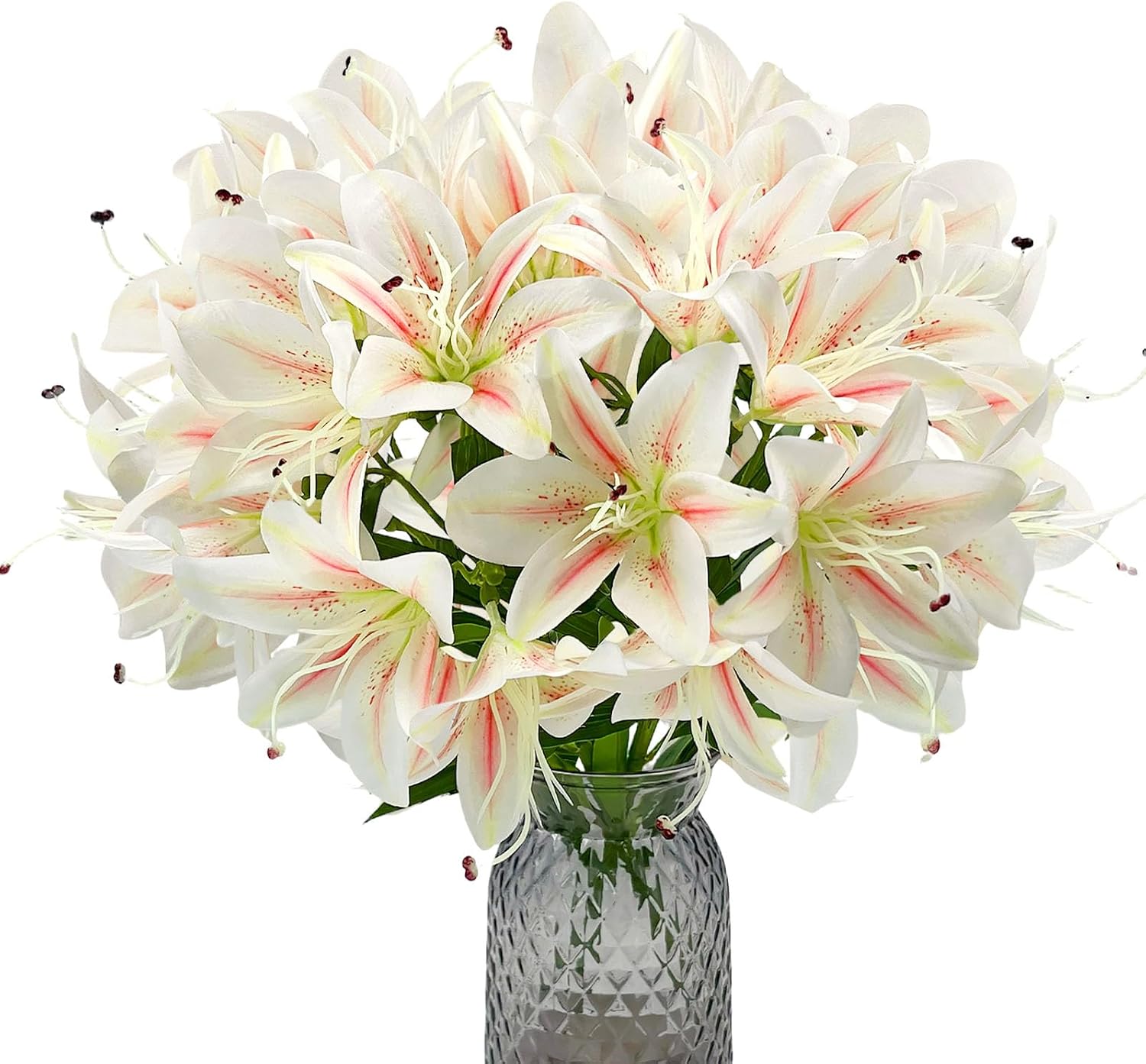 71LV83nakEL._AC_SL1500_.jpg 2Pack Artificial Lily Flowers, Faux Tiger Lily Bouquets with 10 Heads per Stem (2 Stems, 20 Heads Total), Pink White Blooms, 17.7in Silk Lilies for Home Hotel Decor - Image 1