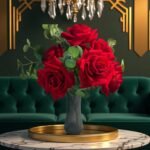Velvet Red Artificial Roses, 9 Stems & Eucalyptus Leaves Bouquet，Fake Faux Velvet Roses, Floral Bouquets for Wedding Bridal Table Centerpieces Home Decor (Red) - Image 2