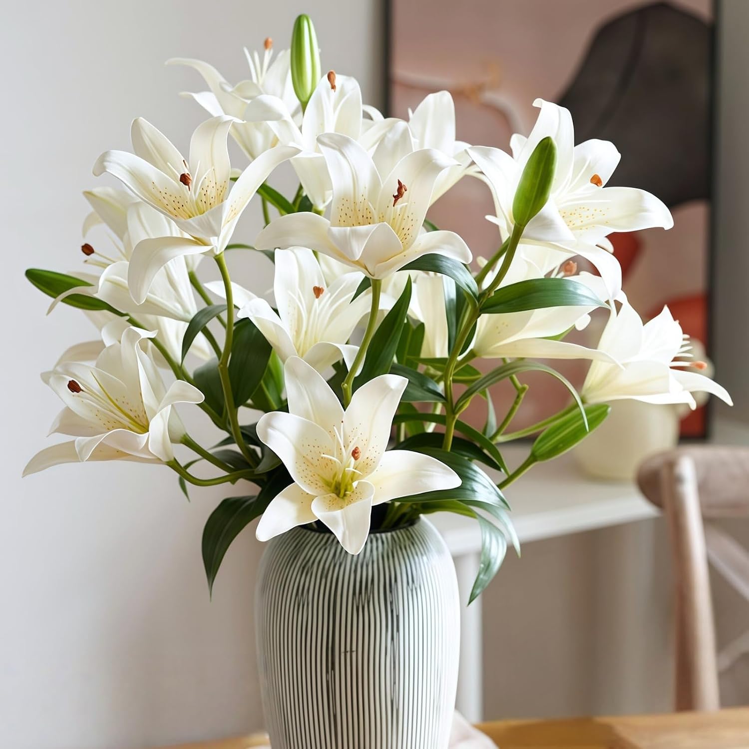 71bRPu38z2L._AC_SL1500_.jpg 18 Heads Faux Lilies Artifical Flowers, 2Pcs Fake Lily Stems, White | Long Stem, Real Touch White Tiger Lily Bouquet for Home Hotel Flower Arrangement Party Decor Cemetery(2Packs, White) - Image 1