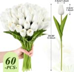 60pcs Artificial Tulip Flowers Fake PU Tulips Faux Latex Bouquet Flower Centerpieces Arrangement Floral for Wedding Spring Decorations (1 Head,White) - Image 2
