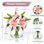 Artificial Flowers Tiger Lily Real Touch with Vase Easter Lily Pink Lilies Silk Faux Flowers Arrangements in Glass Vase with Faux Water Easter Decor Fake Floral Bulk Bouquet for Office Home Decor - Image 2