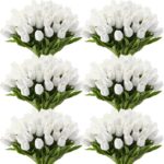 60pcs Artificial Tulip Flowers Fake PU Tulips Faux Latex Bouquet Flower Centerpieces Arrangement Floral for Wedding Spring Decorations (1 Head,White)