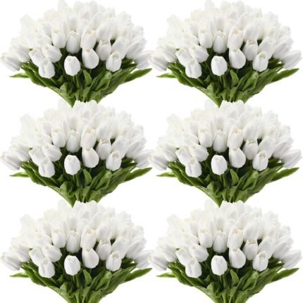 60pcs Artificial Tulip Flowers Fake PU Tulips Faux Latex Bouquet Flower Centerpieces Arrangement Floral for Wedding Spring Decorations (1 Head,White)
