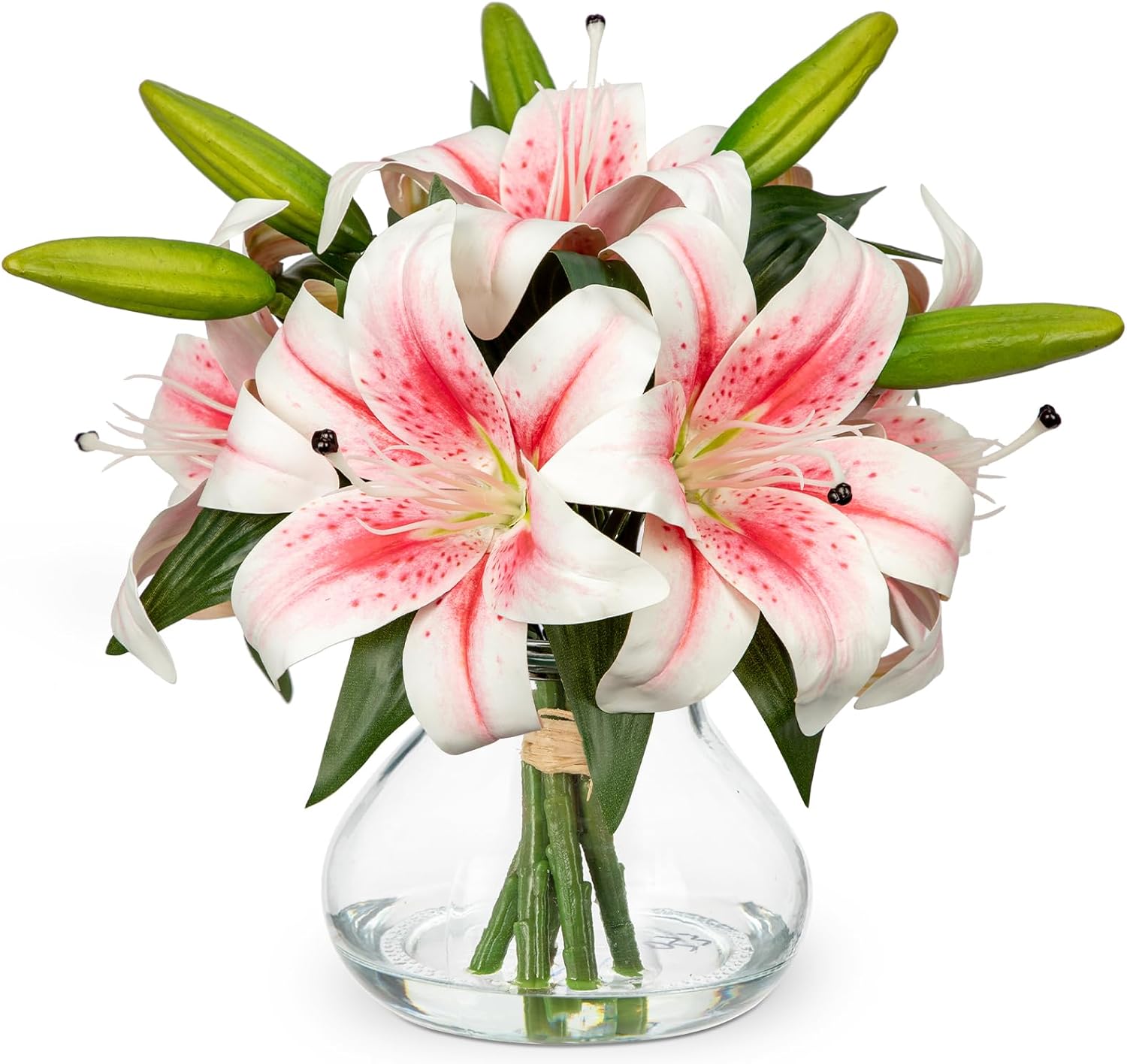 71s1W3KqyoL._AC_SL1500_.jpg Artificial Flowers Tiger Lily Real Touch with Vase Easter Lily Pink Lilies Silk Faux Flowers Arrangements in Glass Vase with Faux Water Easter Decor Fake Floral Bulk Bouquet for Office Home Decor - Image 1
