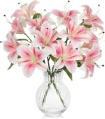 6 Heads Pink Artifical Lily Flowers 2Pcs Easter Lily Artificial Flowers Faux Stargazer Lilies Flower Arrangement Bouquets Fake Lilies Stem for Indoor Home Decor Table Office Party Decoration