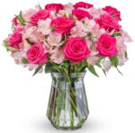 Charming Roses & Alstroemeria (Glass Vase Included) - Fresh Flowers - Gift for Graduation, Birthday, Anniversary, Sympathy, Get Well, Congratulations
