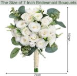 Bridesmaids Bouquets for Wedding - Set of 6 Realistic Artificial Rose Eucalyptus Silk Bride Flowers for Bridal Shower Ceremony Decorations - Ivory White - Image 2