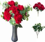 Velvet Red Artificial Roses, 9 Stems & Eucalyptus Leaves Bouquet，Fake Faux Velvet Roses, Floral Bouquets for Wedding Bridal Table Centerpieces Home Decor (Red)