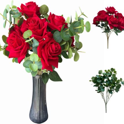 Velvet Red Artificial Roses, 9 Stems & Eucalyptus Leaves Bouquet，Fake Faux Velvet Roses, Floral Bouquets for Wedding Bridal Table Centerpieces Home Decor (Red)
