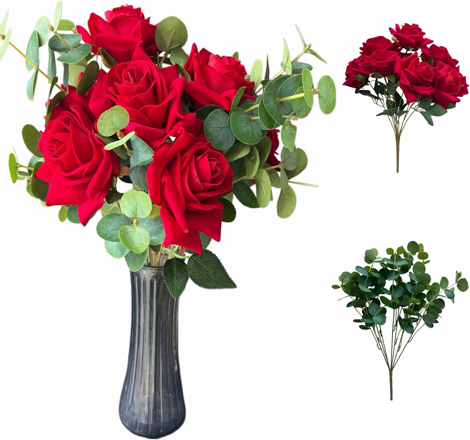 81hFQvBqOzL._AC_SL1500_.jpg Velvet Red Artificial Roses, 9 Stems & Eucalyptus Leaves Bouquet,Fake Faux Velvet Roses, Floral Bouquets for Wedding Bridal Table Centerpieces Home Decor (Red) - Image 1