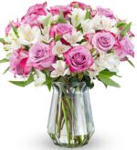 Delightful Roses & Alstroemeria (Glass Vase Included) - Fresh Flowers - Gift for Graduation, Birthday, Anniversary, Sympathy, Get Well, Congratulations