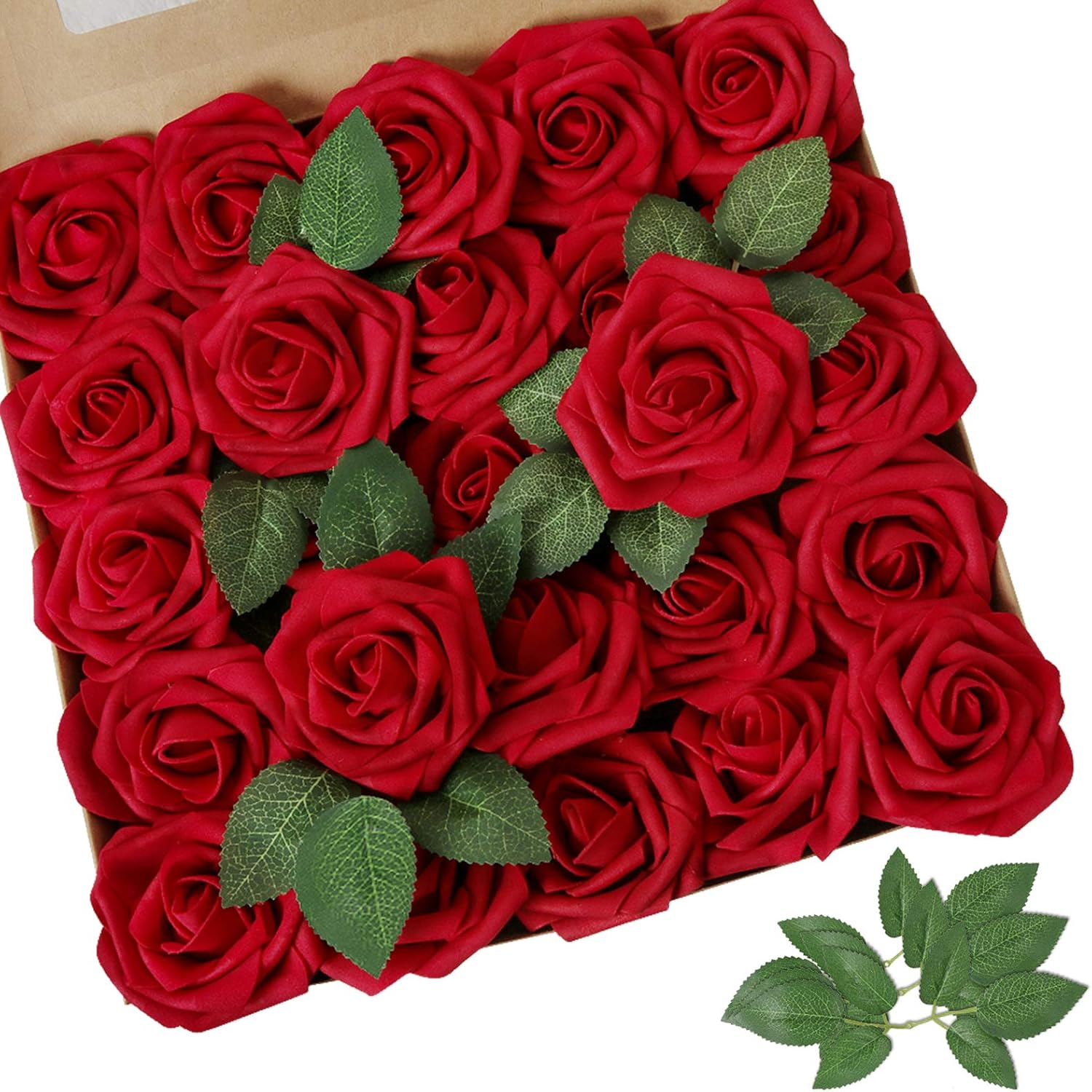 81r83GOrByL._AC_SL1500_.jpg Artificial Flowers Dark Red Rose 25pcs Real Looking Fake Roses w/Stem for DIY Wedding Bouquets Centerpieces Arrangements Party Baby Shower Birthday Christmas Tree Decorations - Image 1