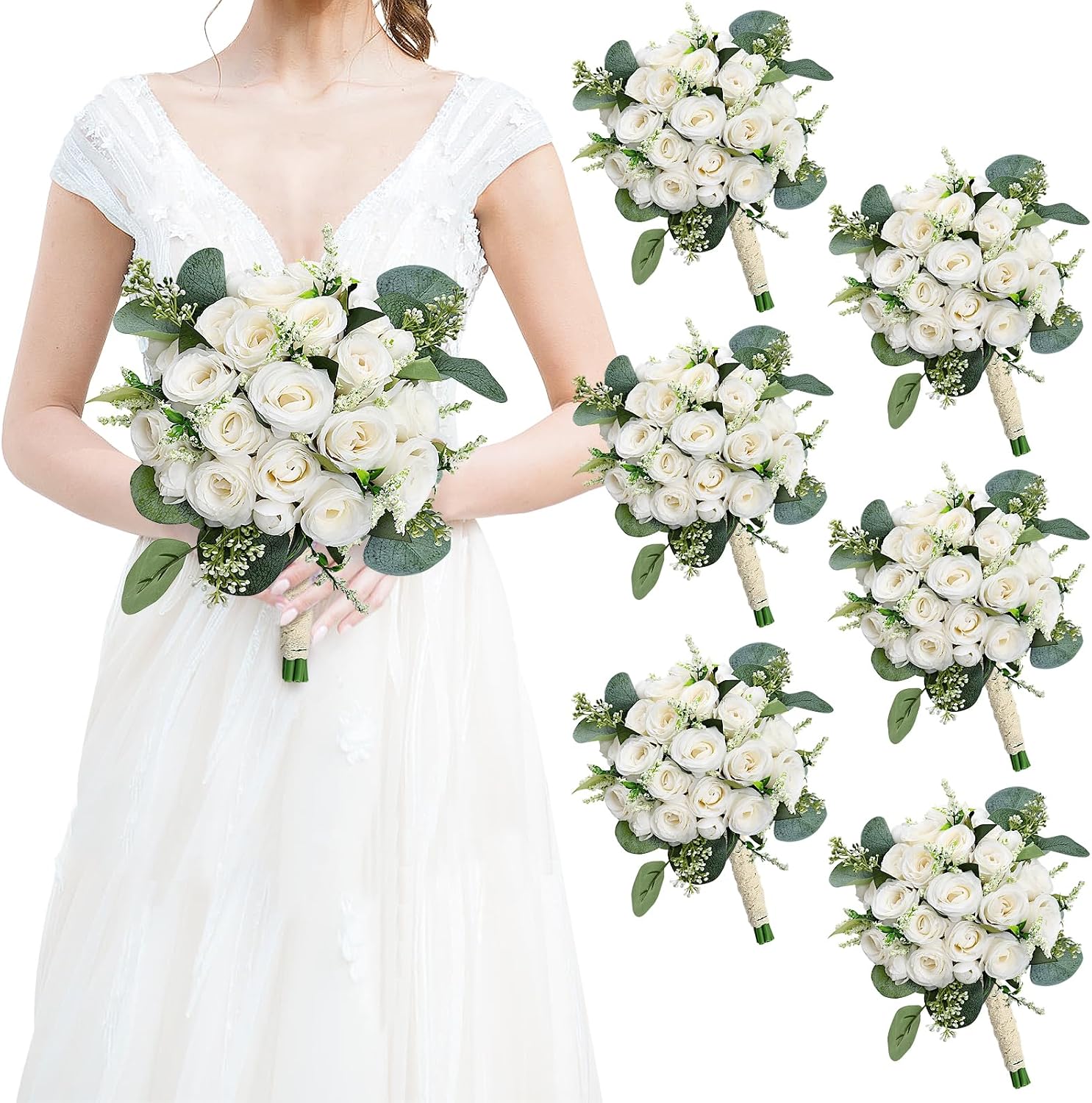 81wey0MCGdL._AC_SL1500_.jpg Bridesmaids Bouquets for Wedding - Set of 6 Realistic Artificial Rose Eucalyptus Silk Bride Flowers for Bridal Shower Ceremony Decorations - Ivory White - Image 1